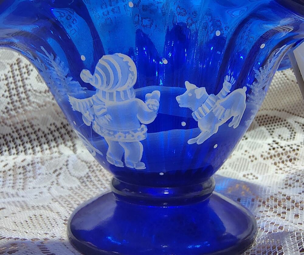 Fenton Cobalt Blue Art Glass Basket Mary Gregory Winter Hand Painted Signed